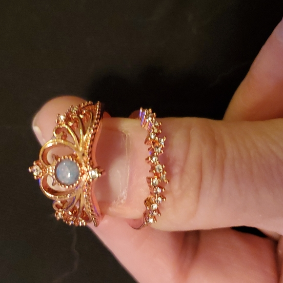 New 2pc 18K Rose Gold Plated Blue Fire Opal White Topaz Crown & Band Set. - Picture 6 of 11